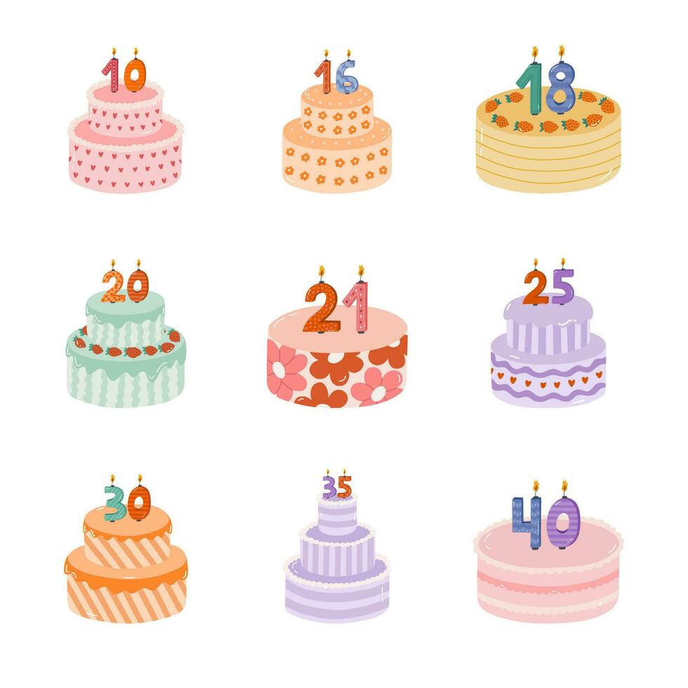 impostato di compleanno torta con ardente candele nel il modulo di numeri. dolce per celebrazione ogni anno di nascita, anniversario. stilizzato mano disegnato clipart di vacanza Cupcake nel il scandinavo stile vettore