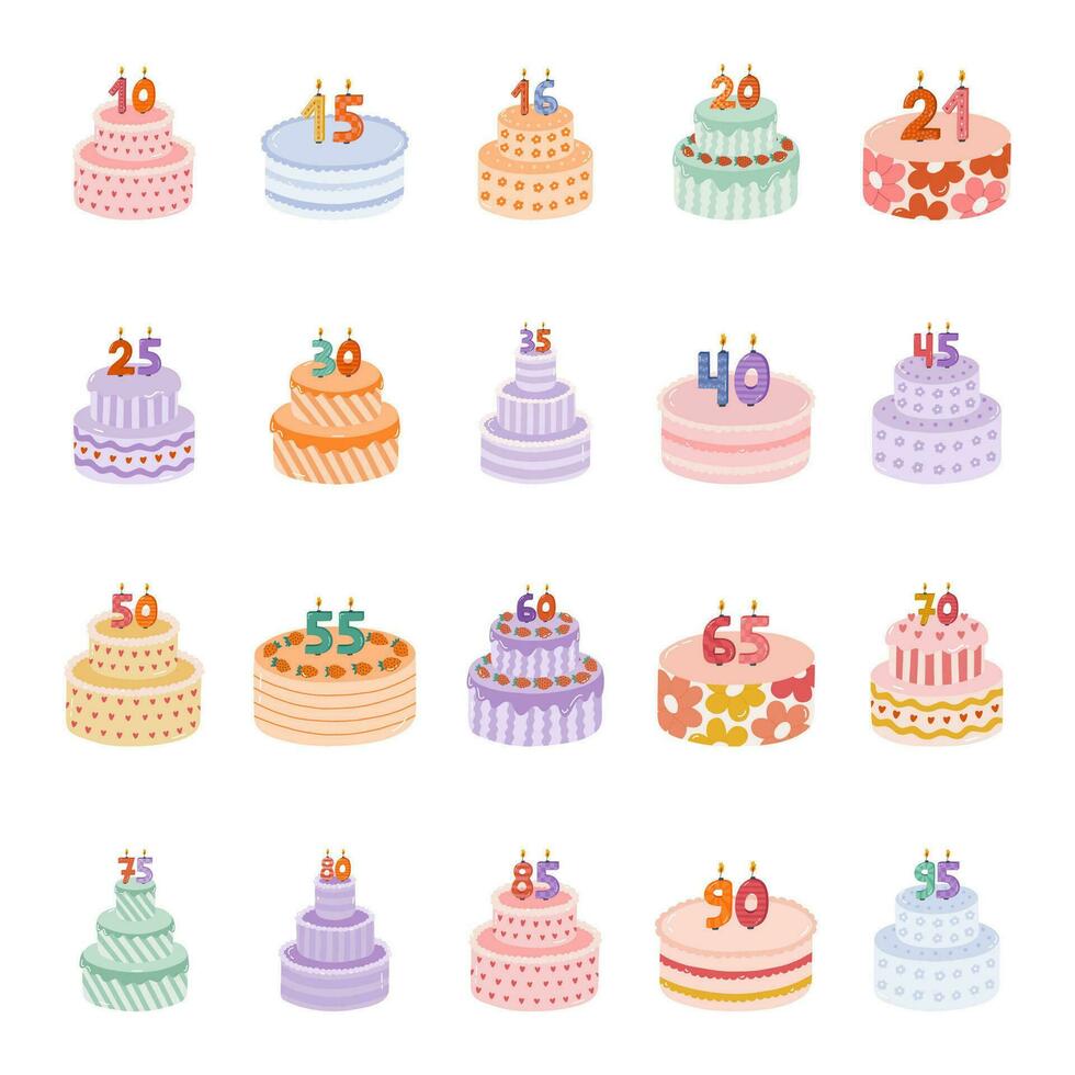 impostato di compleanno torta con ardente candele nel il modulo di numeri. dolce per celebrazione ogni anno di nascita, anniversario. stilizzato mano disegnato clipart di vacanza Cupcake nel il scandinavo stile vettore