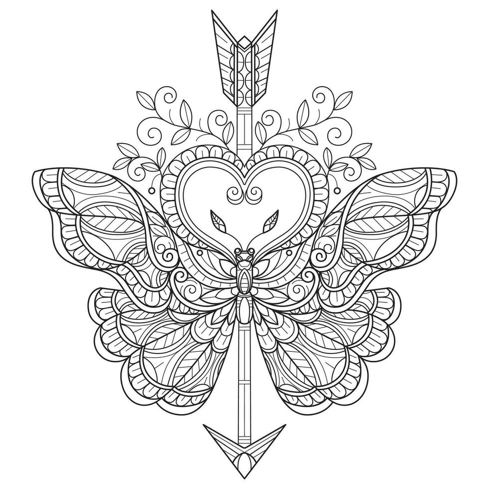 freccia e cuore farfalla mano disegnato per adulto colorazione libro vettore
