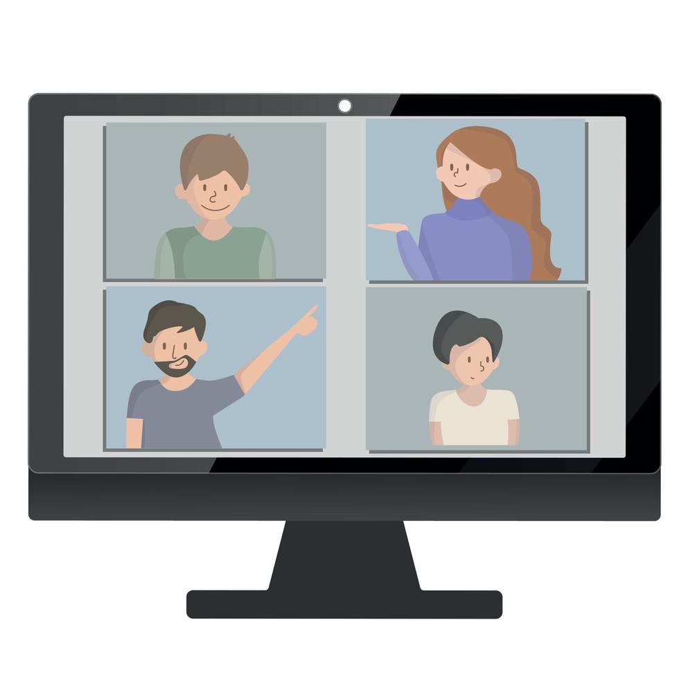 atterraggio in videoconferenza. persone sullo schermo del computer che prendono con un collega. pagina vettoriale dell'area di lavoro di videoconferenza e riunione online. concetto di e-learning e stare a casa.