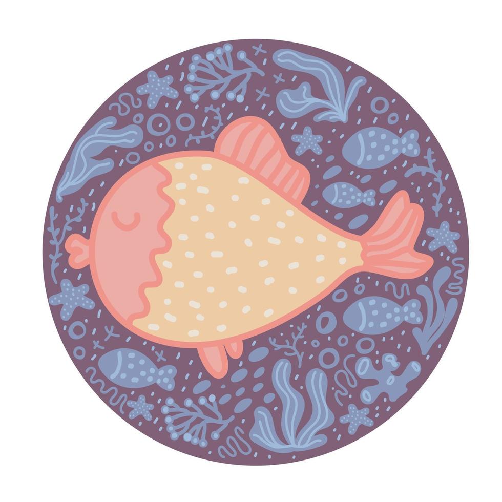 simpatico poster di vivaio con pesce in stile scarabocchio scandinavo. vedi carattere animale. stampa infantile per vivaio, abbigliamento per bambini, poster, cartoline. animale doodle stile scandi. vettore