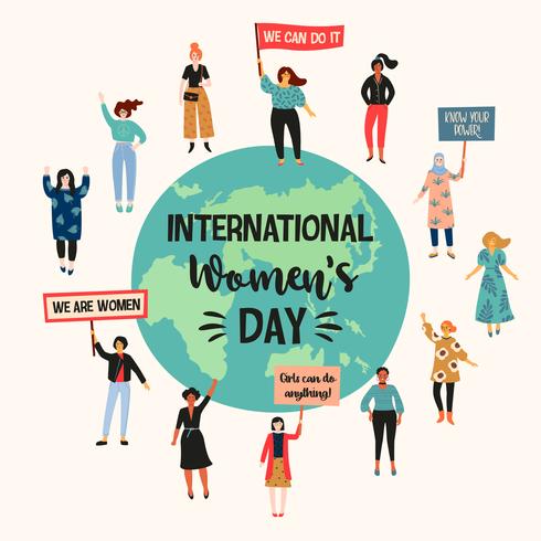 Giornata internazionale della donna. Illustrazione vettoriale con donne diverse nazionalità e culture.