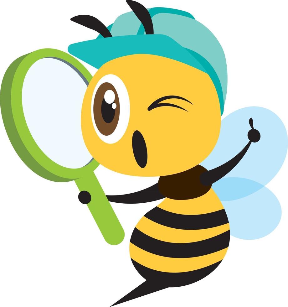 design piatto cartone animato carino ape operaia che indossa un berretto di sicurezza blu e tiene una lente d'ingrandimento vettore