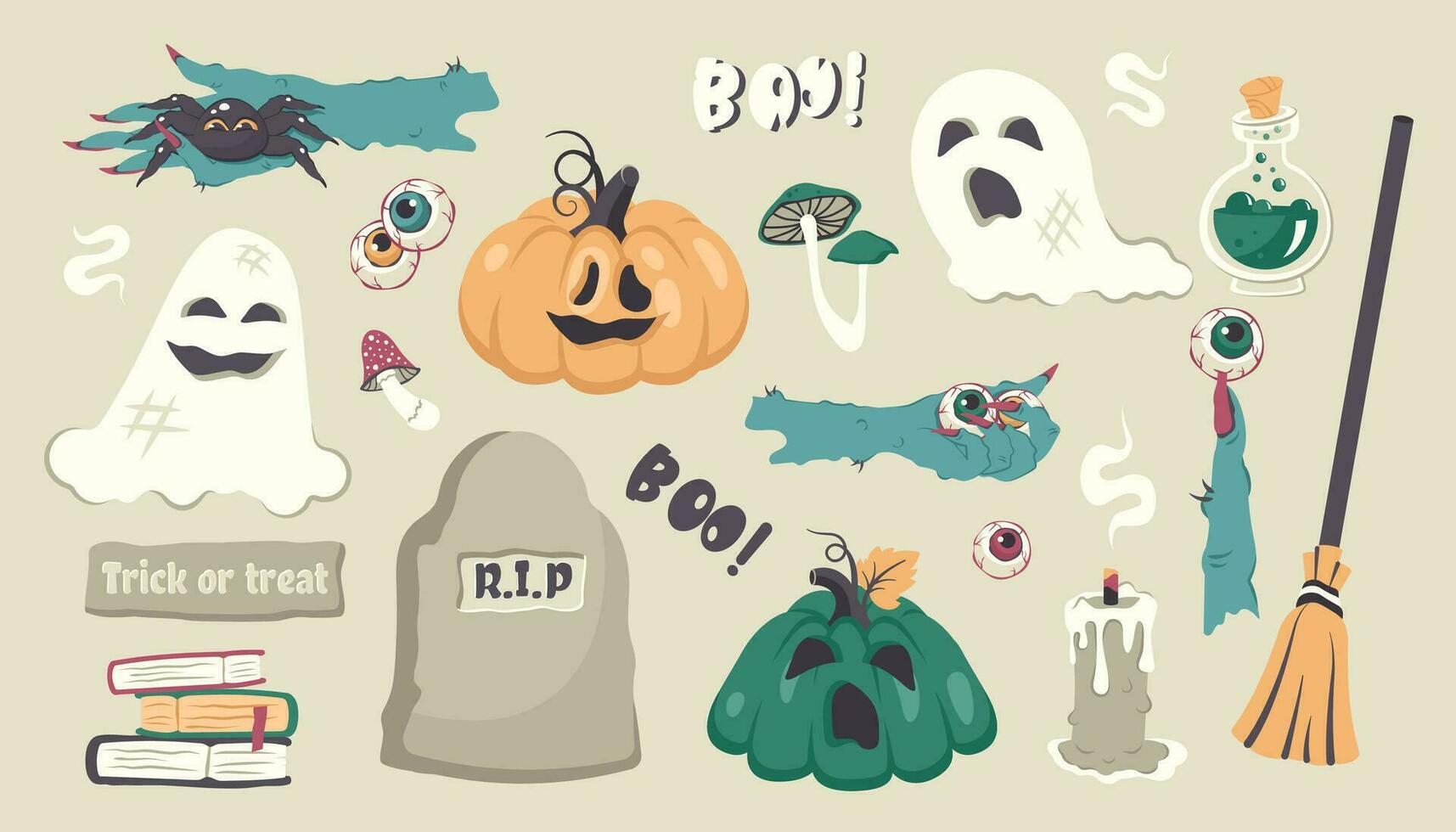 contento Halloween. impostato di mano disegnato, spaventoso personaggi e elementi isolato. zucca, fantasma, ragno, candela, strega, tomba, Magia libro. autunno tradizionale vacanza di morto. vettore cartone animato illustrazione