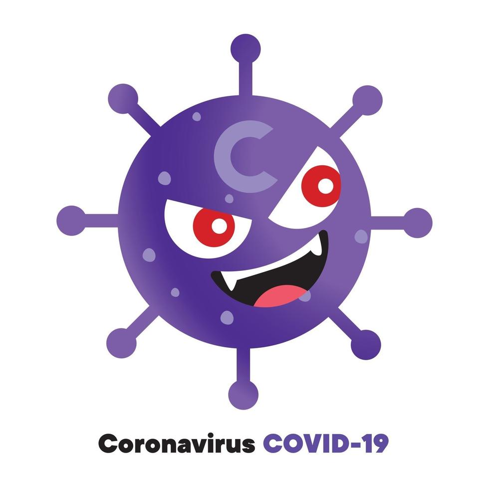 focolaio di coronavirus una pandemia globale con il simpatico personaggio dei cartoni animati del virus covid-19 occhi rossi vettore