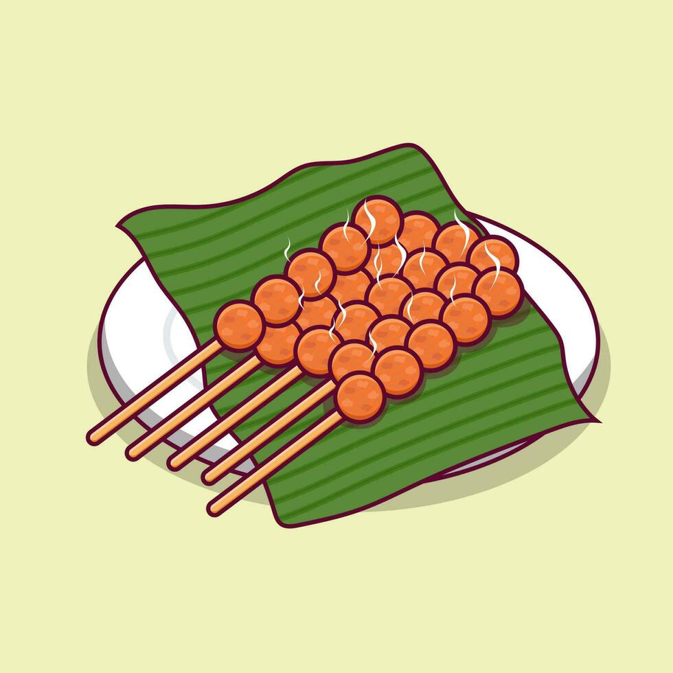 dettagliato caldo polpetta satay su verde foglia illustrazione per asiatico cibo icona vettore