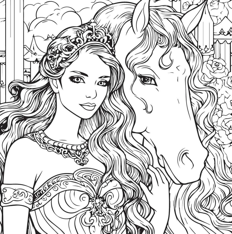 un' unicorno e Principessa colorazione pagina vettore