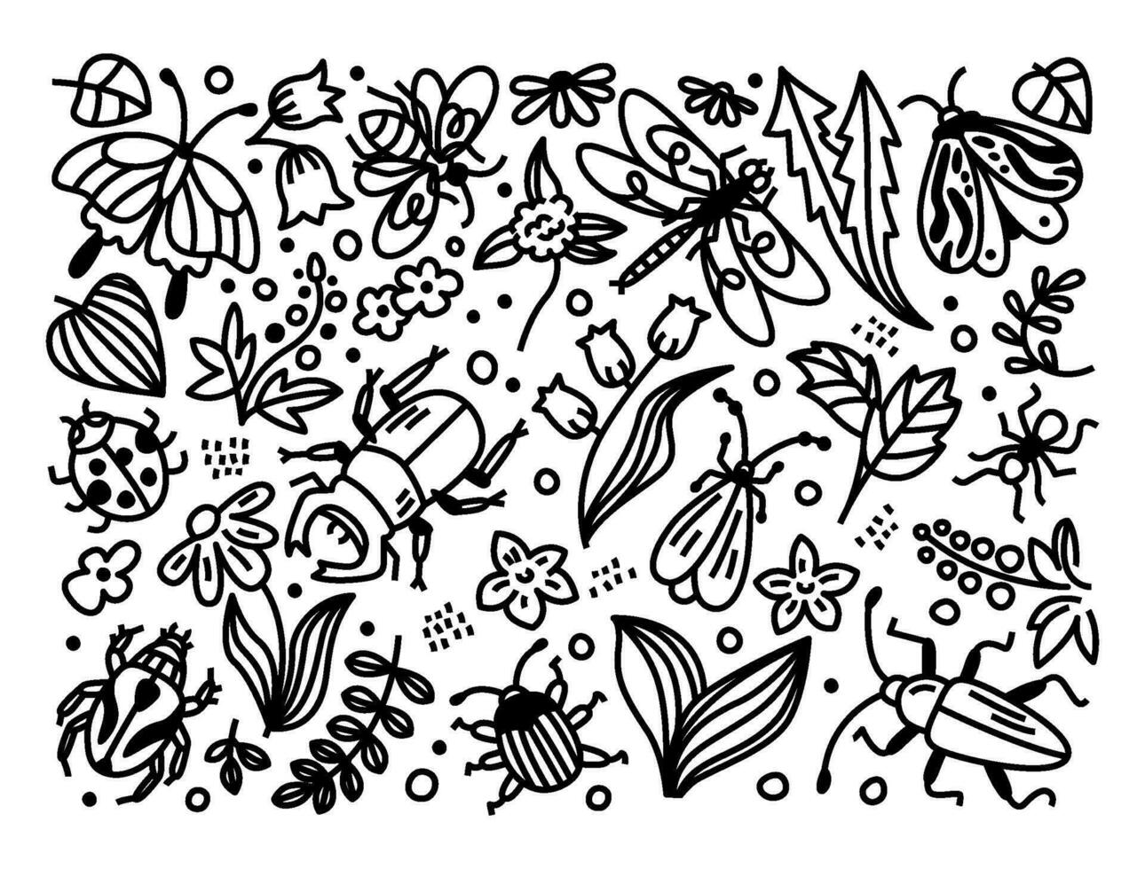 impostato di cartone animato scarabocchi con insetti, fiori e le foglie. vettore