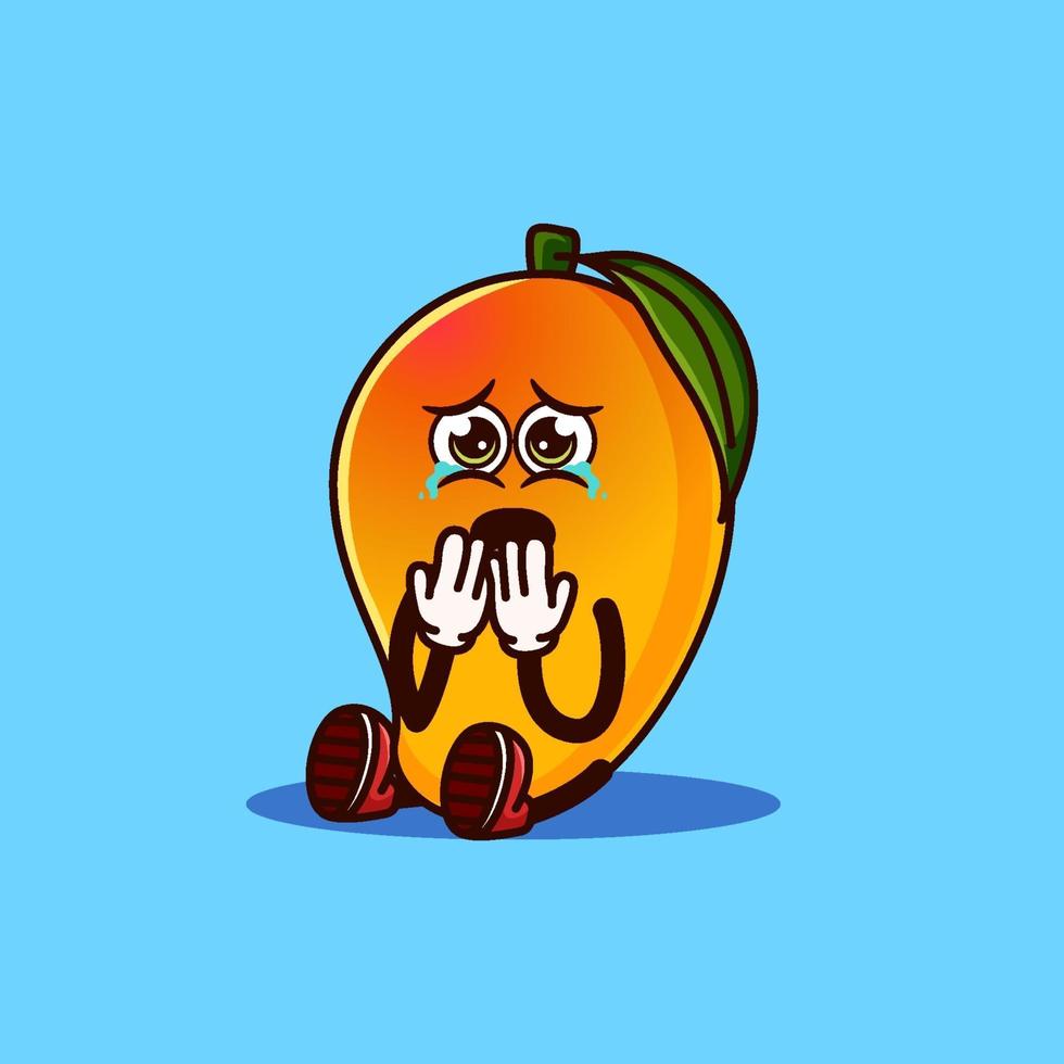simpatico personaggio di frutta mango seduto e piangendo. concetto di icona di carattere di frutta isolato. vettore premium stile cartone animato piatto