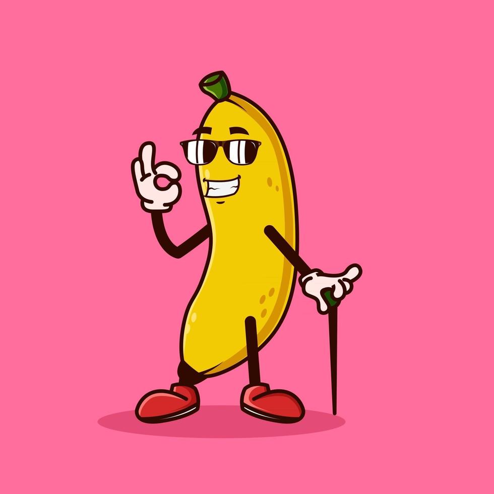 simpatico personaggio di frutta banana con occhiali e gesto della mano ok. concetto di icona di carattere di frutta isolato. vettore premium stile cartone animato piatto