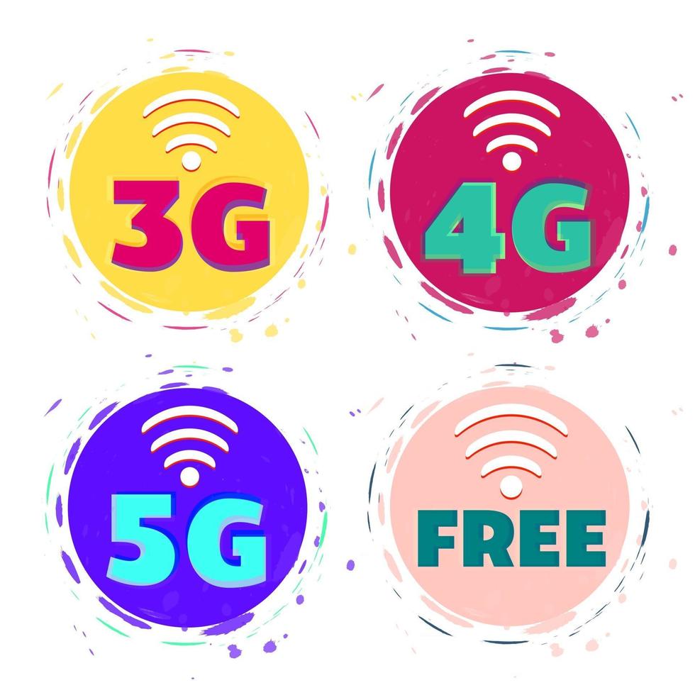 Icone vettoriali 3g, 4g, 5g e wi-fi gratuito.