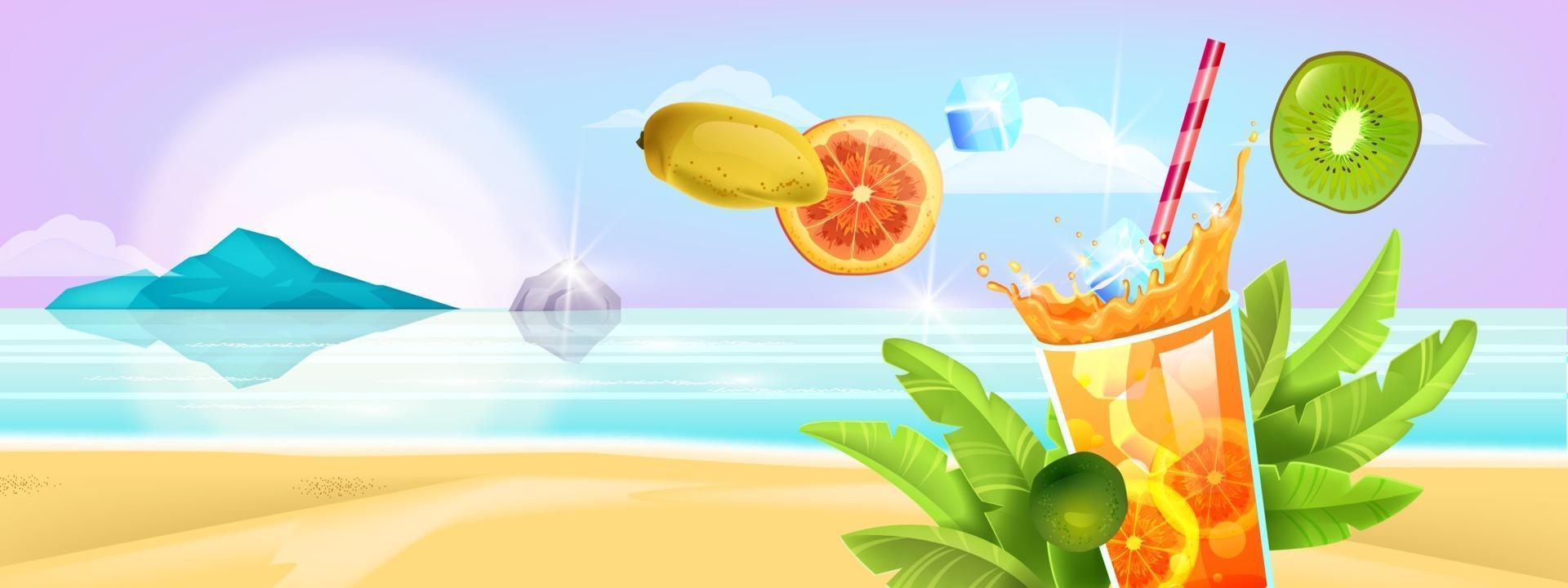 banner estivo, spiaggia dell'isola tropicale, bicchiere di bevanda fredda, frutta, paglia. sfondo di vacanza vettore