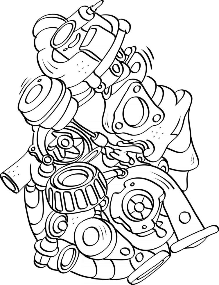 i componenti del motore dell'auto scarabocchiano lo stile di scrittura a mano del contorno vettore