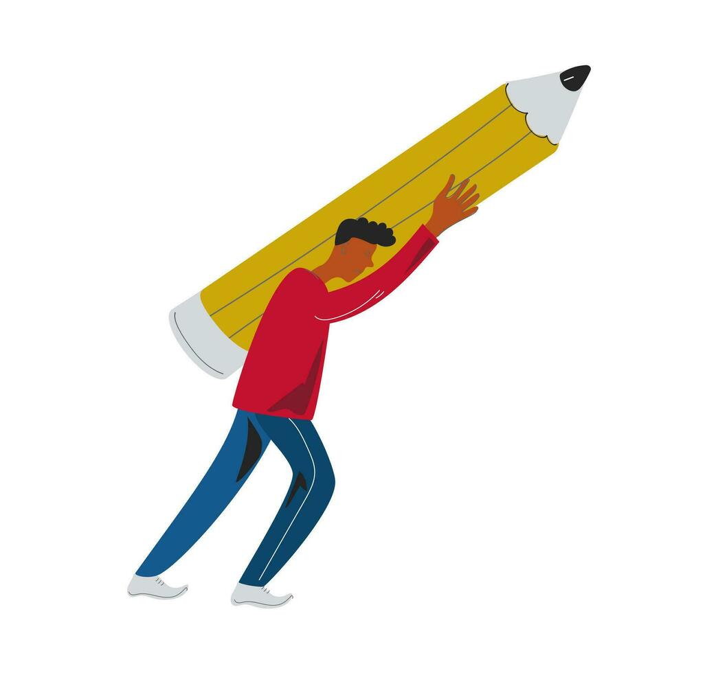 un' giovane alunno trasporta un' grande e pesante matita. piatto design stile minimo vettore illustrazione.