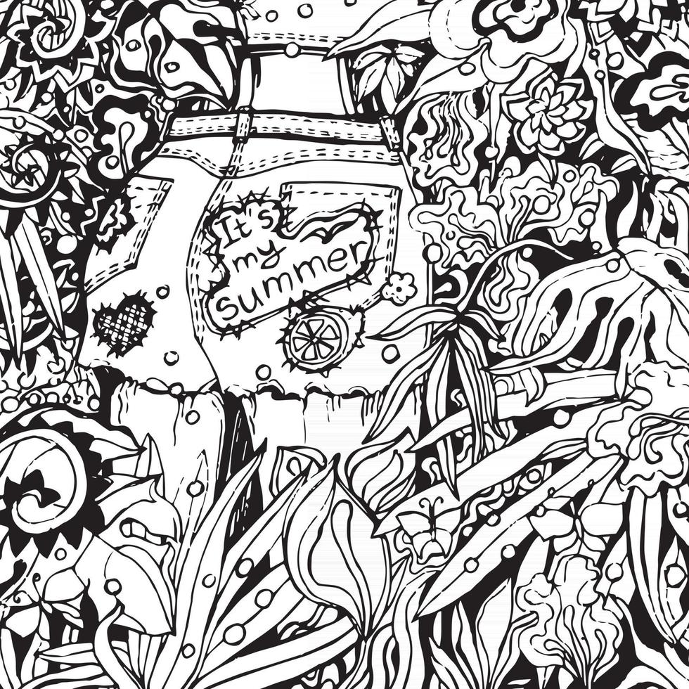 illustrazione grafica in bianco e nero della giovane ragazza nella giungla. colorante antistress. vettore