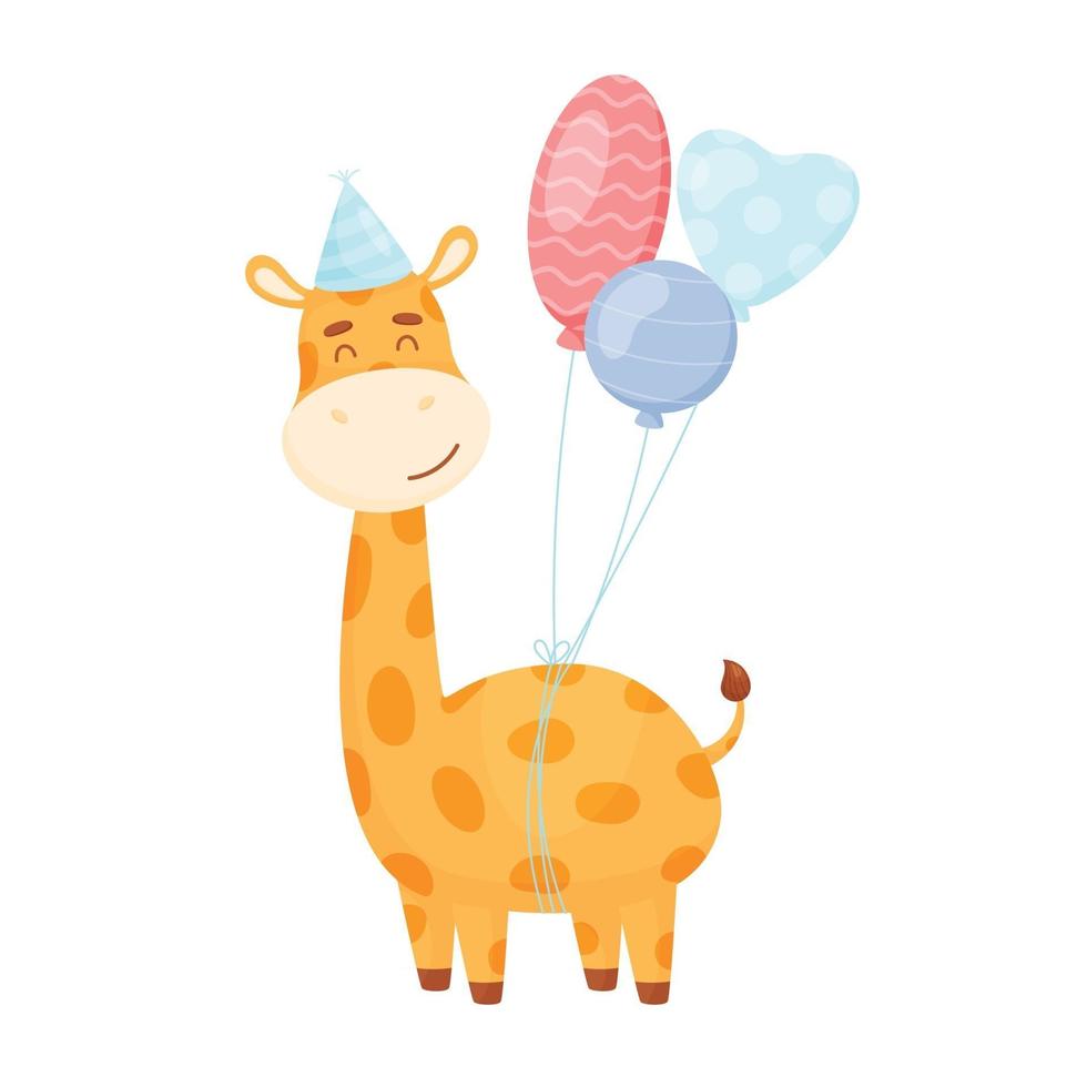 simpatico personaggio dei cartoni animati giraffa con mongolfiere. biglietto d'auguri. illustrazione vettoriale