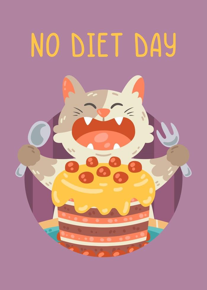 nessuna carta del giorno della dieta con gatto, torta, cappello da festa. il gattino aprì la bocca per mangiare la torta di compleanno con forchetta e cucchiaio. illustrazione vettoriale per cartolina, stampa, poster. pasto imbroglione.