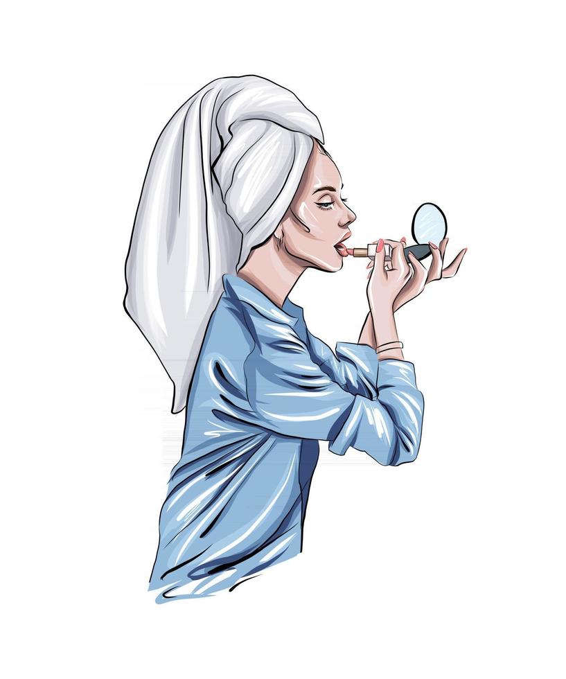 la giovane donna fa il trucco, la bella ragazza con un asciugamano da bagno sulla sua testa si dipinge le labbra, disegno colorato, realistico. illustrazione vettoriale di vernici