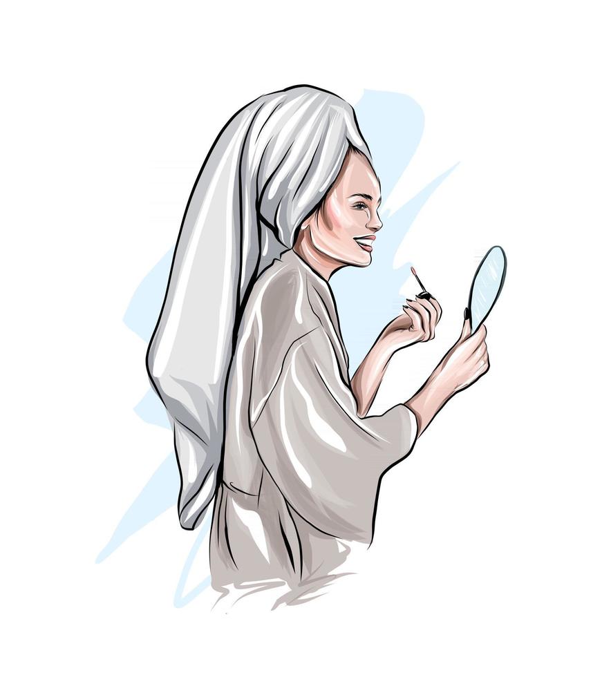 la giovane donna fa il trucco, la bella ragazza con un asciugamano da bagno sulla sua testa si dipinge le labbra, disegno colorato, realistico. illustrazione vettoriale di vernici