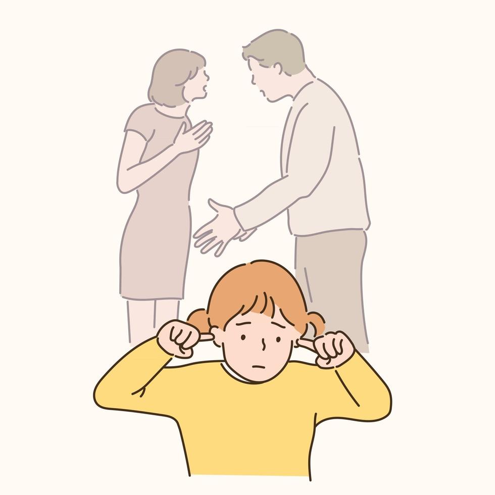 il padre litiga con la madre e il bambino si copre le orecchie con un'espressione triste. illustrazioni di disegno vettoriale stile disegnato a mano.