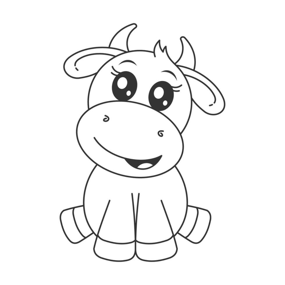 carino mucca seduta solo cartone animato stile per colorazione vettore