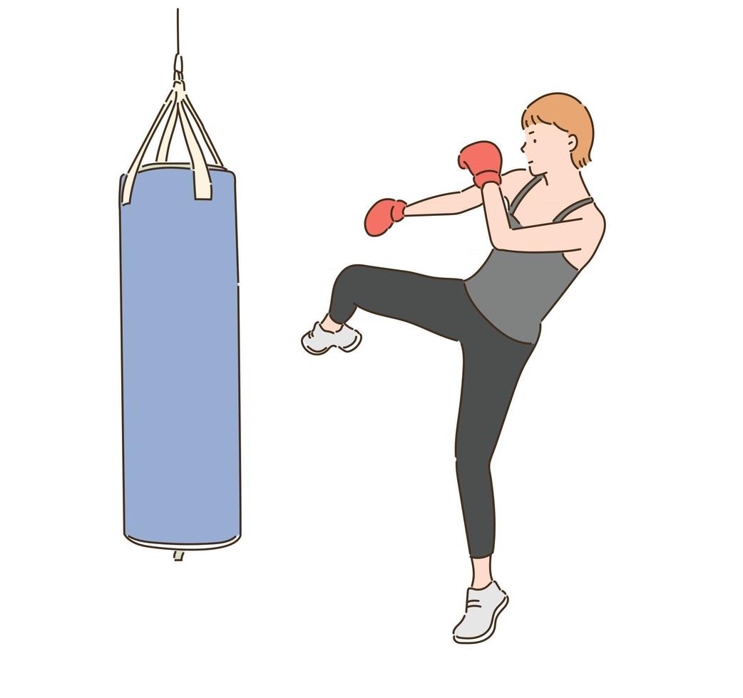 una pugile femmina sta prendendo a calci un sacco da boxe. illustrazioni di disegno vettoriale stile disegnato a mano.