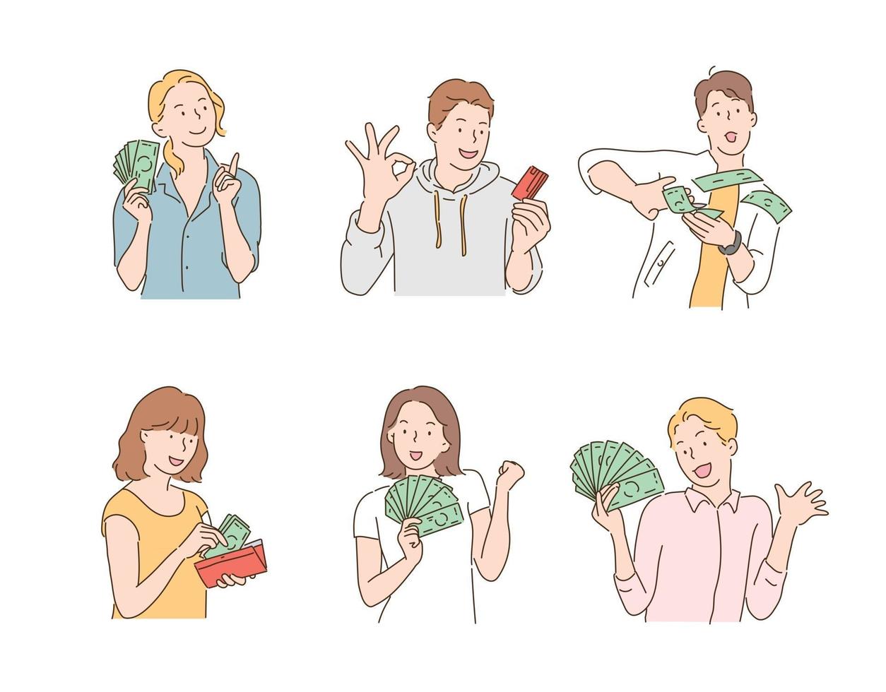 persone felici con un sacco di soldi nelle loro mani. illustrazioni di disegno vettoriale stile disegnato a mano.