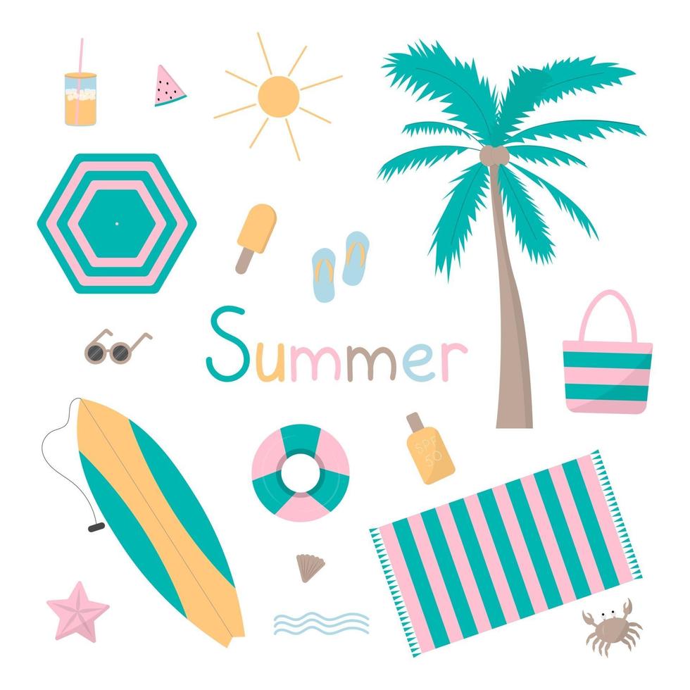 estate spiaggia adesivo icona isolato set design piatto. perfetto per banner, badge, simboli. vettore