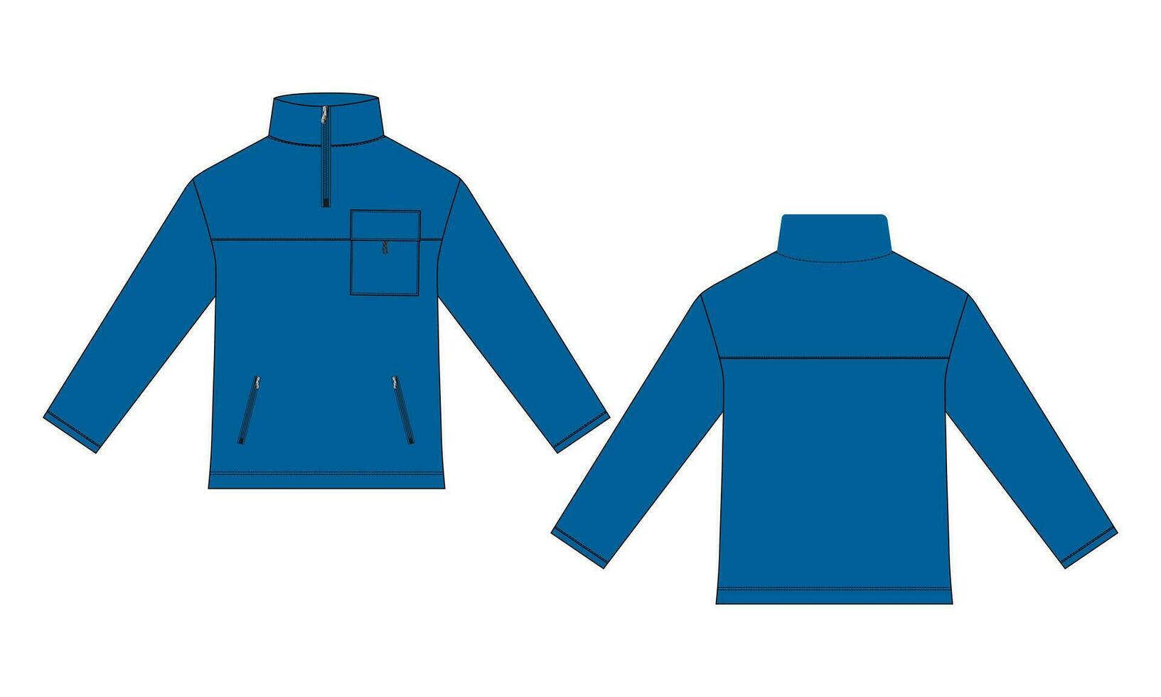 giacca a maniche lunghe con tasca e cerniera moda tecnica disegno piatto illustrazione vettoriale modello vista anteriore e posteriore. giacca felpa in jersey di pile per uomo e bambino.