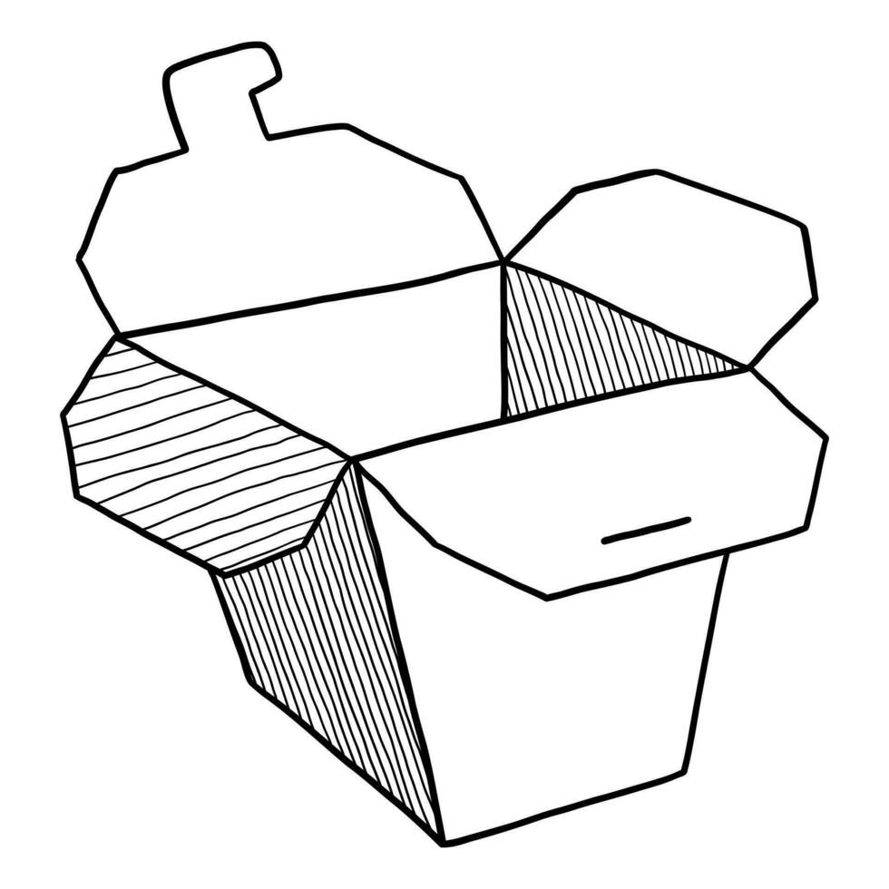 nero vettore isolato su un' bianca sfondo scarabocchio illustrazione di un Aperto cartone scatola per veloce cibo o Cinese cibo