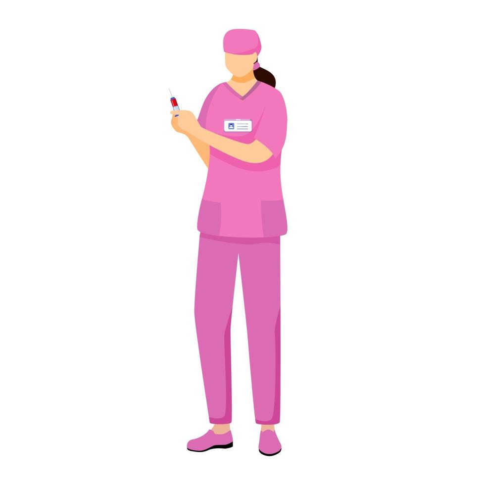 infermiera in rosa uniforme piatta illustrazione vettoriale. medico con personaggio dei cartoni animati di siringa. ostetrica ospedaliera professionale. medico, medico che esegue la procedura. medicina e operatore sanitario isolato su bianco vettore