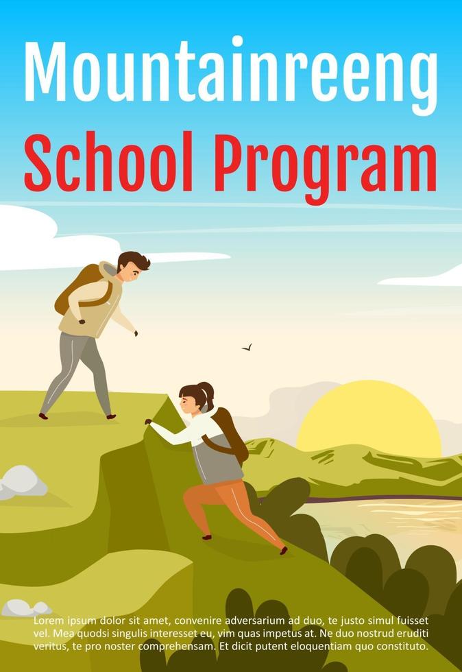 modello di brochure del programma scolastico mountainreeng. volantino, opuscolo, concetto di volantino con illustrazione piatta. layout del fumetto della pagina vettoriale per la rivista. invito pubblicitario spedizione con spazio di testo