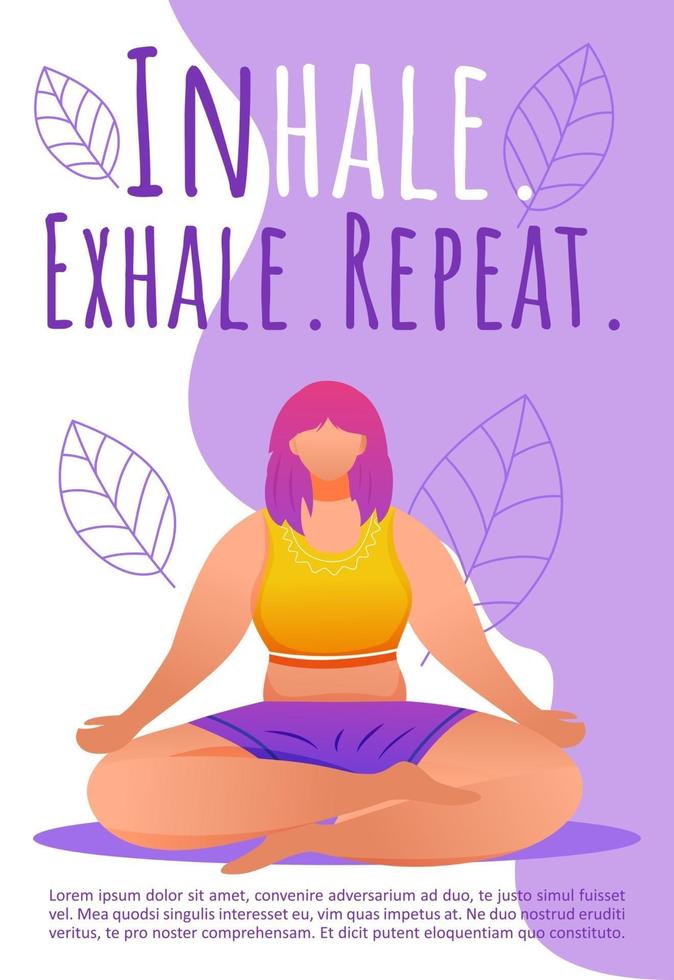 modello di brochure esercizi di respirazione. pose di meditazione. volantino yoga bodypositive, opuscolo, concetto di volantino con illustrazioni piatte. layout del fumetto della pagina vettoriale per la rivista con spazio di testo