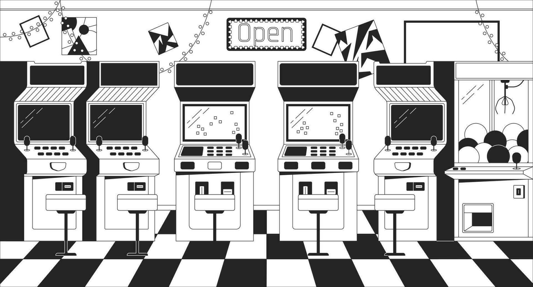 portico macchine nero e bianca freddo lo fi sfondo. Vintage ▾ gioco dispositivi. divertimento schema 2d vettore cartone animato interno illustrazione, monocromatico lofi sfondo desktop. bw anni 90 retrò arte