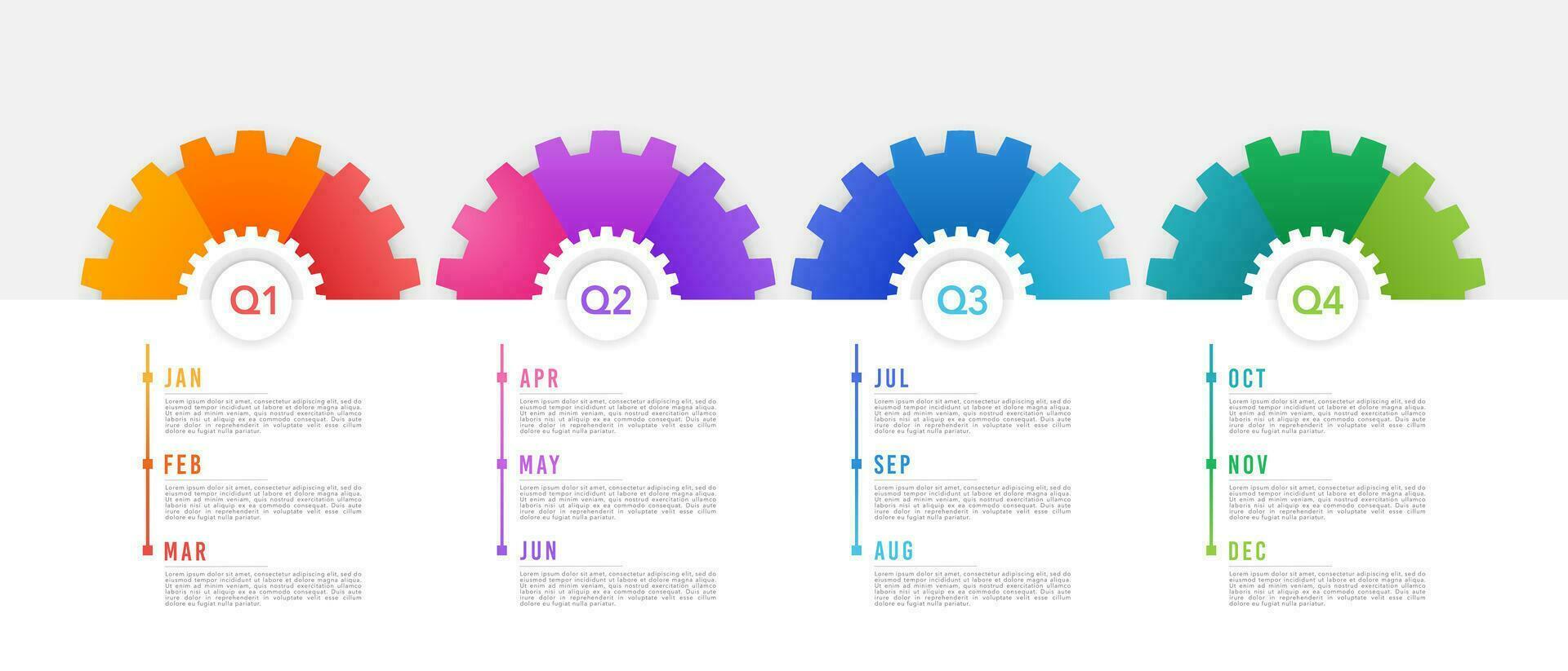 12 mesi progetto sequenza temporale Infografica rapporto, diviso in 4 quarti. vettore illustrazione.