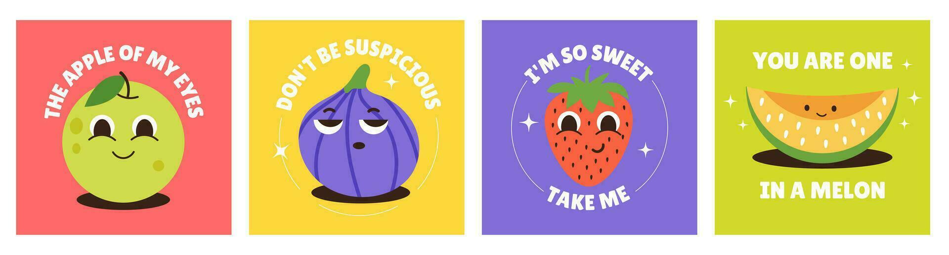 motivazione carta con frutta e frutti di bosco divertente personaggi nel cartone animato stile. mela, uva spina, fragola, melone carino bambino. slogan manifesto per design ragnatela e sociale media vettore