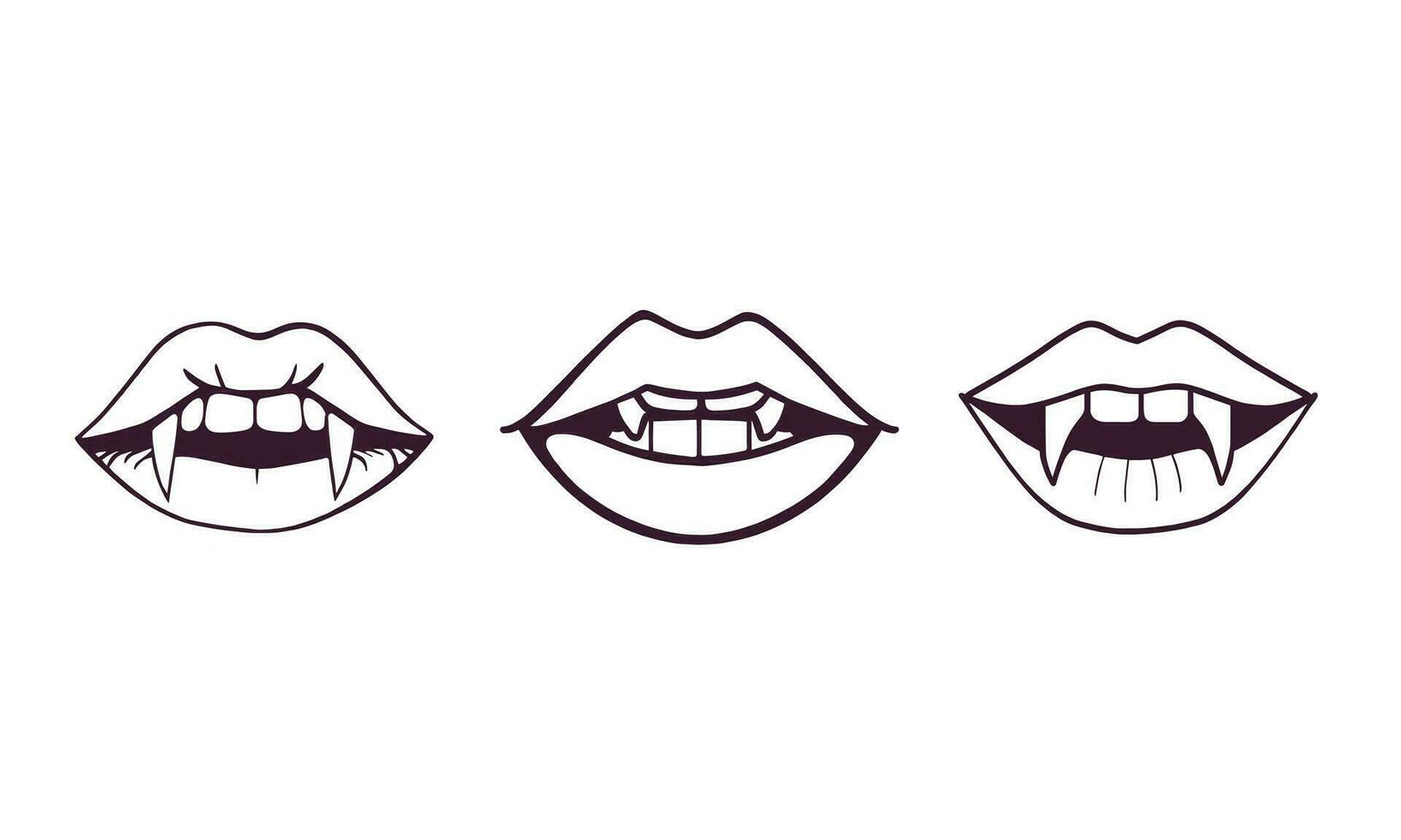 scoprire il incantevole varietà di fascino con Questo travolgente manifesto in mostra linea arte di tre tipi di donna di labbra con vampiro zanne. vettore