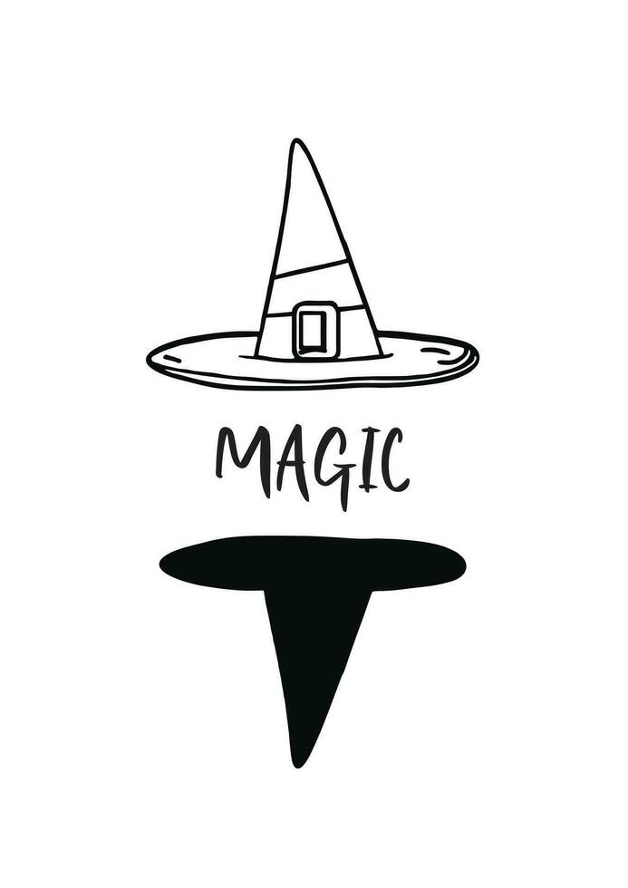 passo in il mistico mondo di Magia con Questo travolgente bandiera con linea arte di un' strega cappello e suo riflessione come un' nero forma con parola 'Magia'. vettore