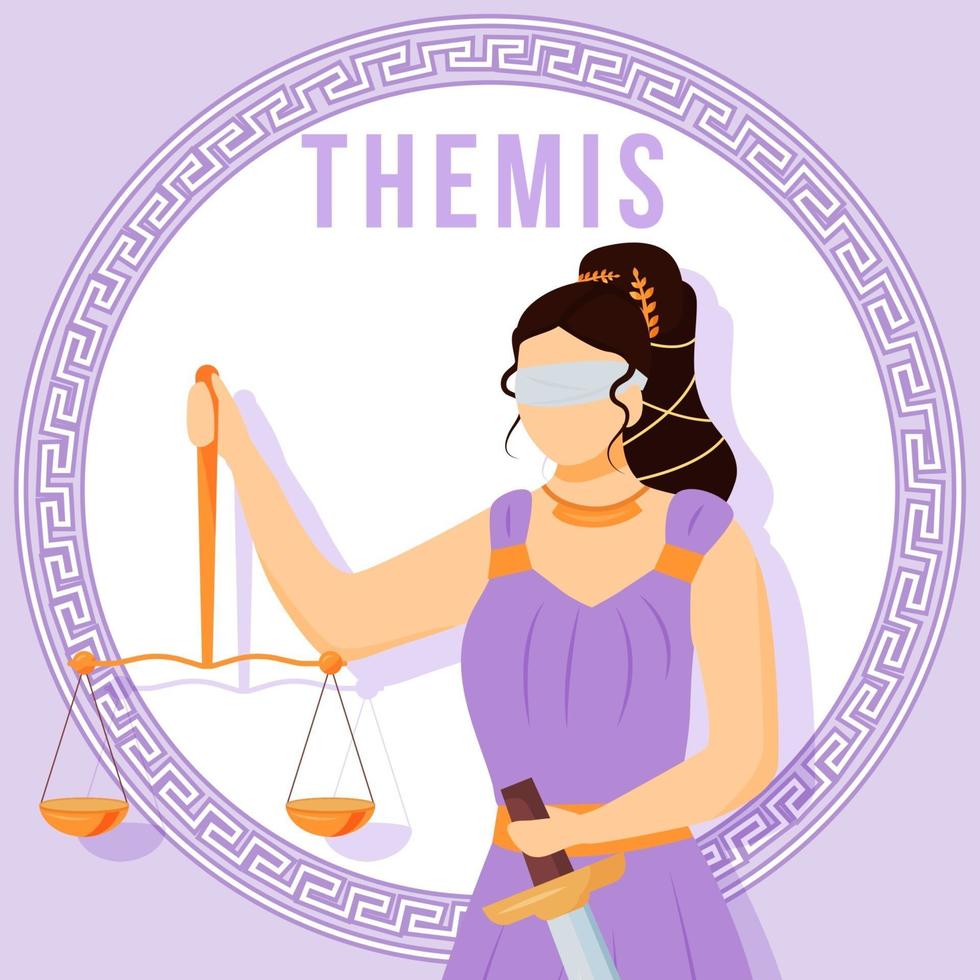 mockup di post sui social media themis viola. titaness greca antica. figura mitologica. modello di progettazione banner web. potenziamento dei social media, layout dei contenuti. poster, carta stampabile con illustrazioni piatte vettore