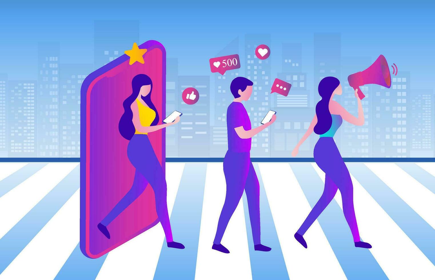 persone urlando nel forte altoparlante con sociale media icone. influencer sociale media marketing, blogger, vlog, sociale influencer e influencer marketing vettore