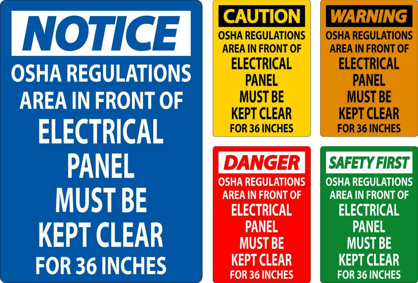 attenzione cartello osha regolamenti - la zona nel davanti di elettrico pannello dovere essere tenuto chiaro per 36 pollici vettore