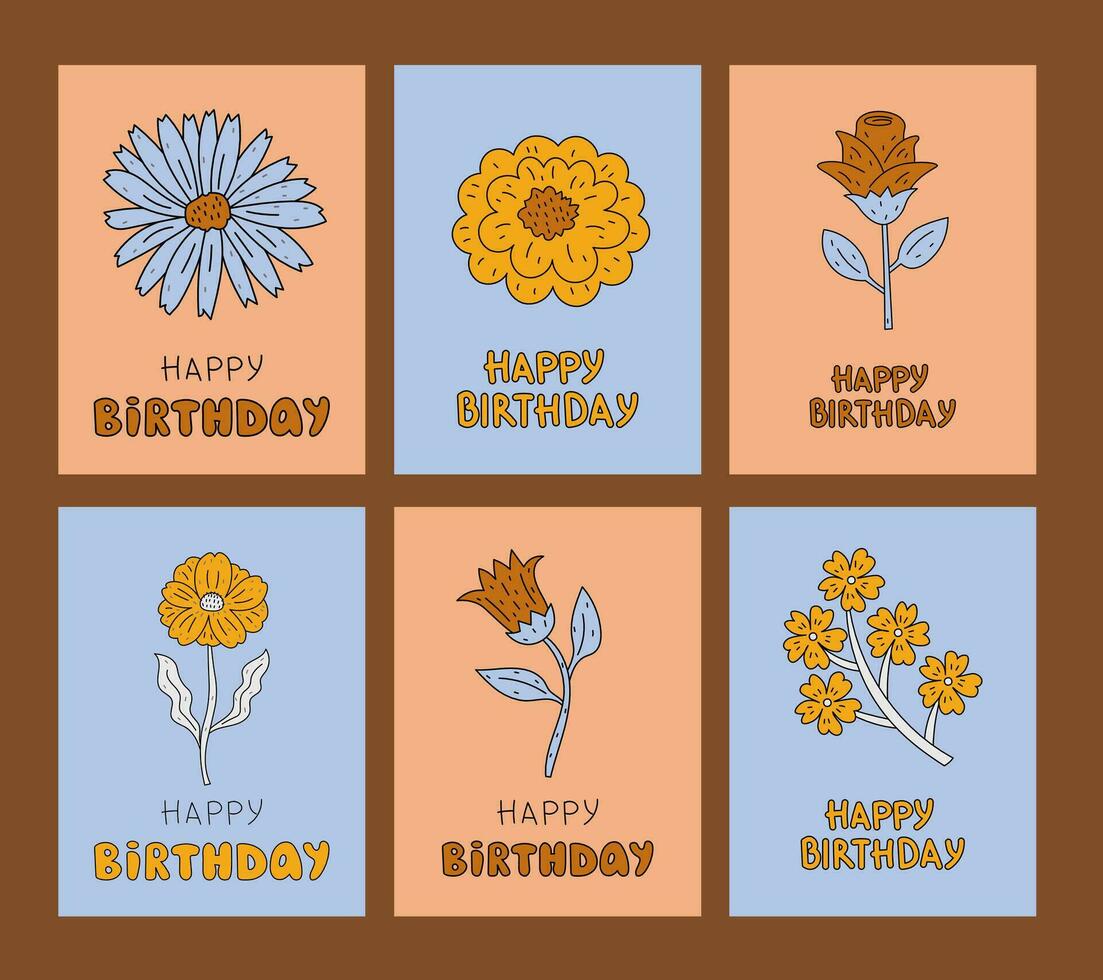 compleanno carte collezione con hippie fiori vettore