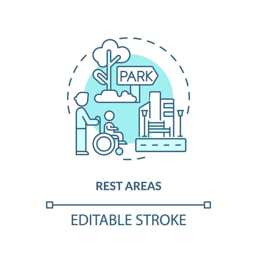 riposo le zone turchese concetto icona. sedia a rotelle accessibile. persone con disabilità. mobilità AIDS. all'aperto ricreazione astratto idea magro linea illustrazione. isolato schema disegno. modificabile ictus vettore