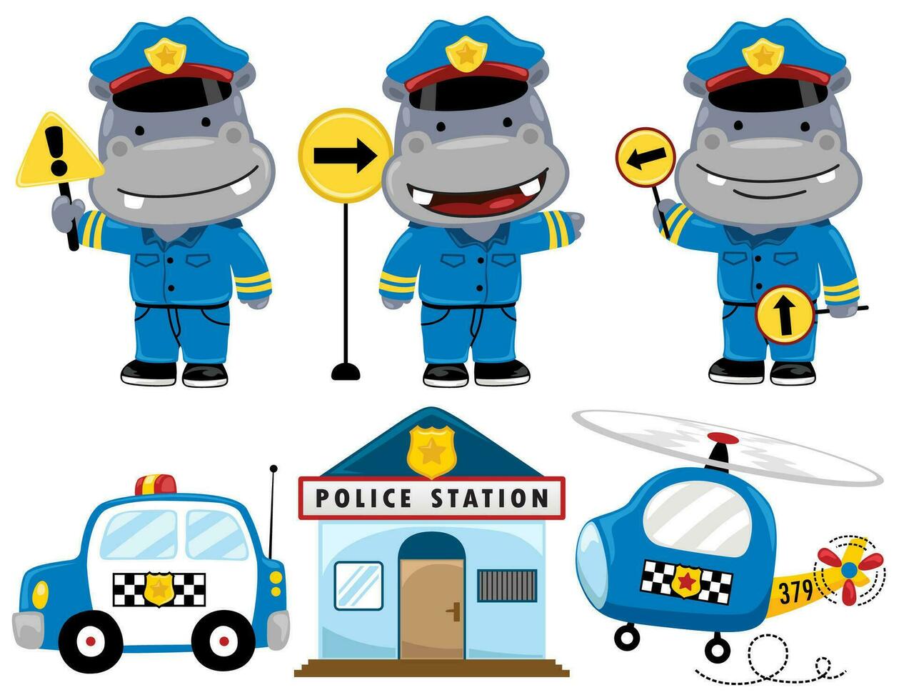vettore impostato di divertente ippopotamo cartone animato nel polizia costume con polizia ufficiale elemento
