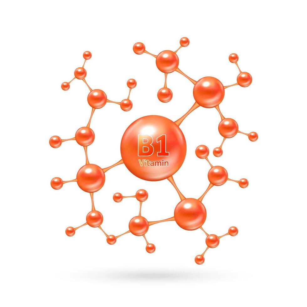 vitamina b1 complesso e minerali nel molecolare modulo. dietetico supplemento per farmacia annuncio. scienza medico concetto. rosso vitamina isolato su bianca sfondo. vettore eps10.