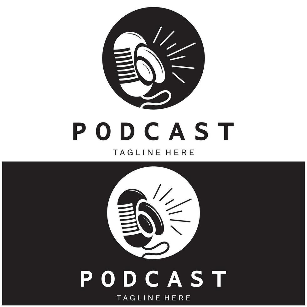 Podcast logo con microfono e auricolare Audio, Radio onde. per studio, parlare mostrare, Chiacchierare, informazione condivisione, colloquio, multimedia e ragnatela. vettore