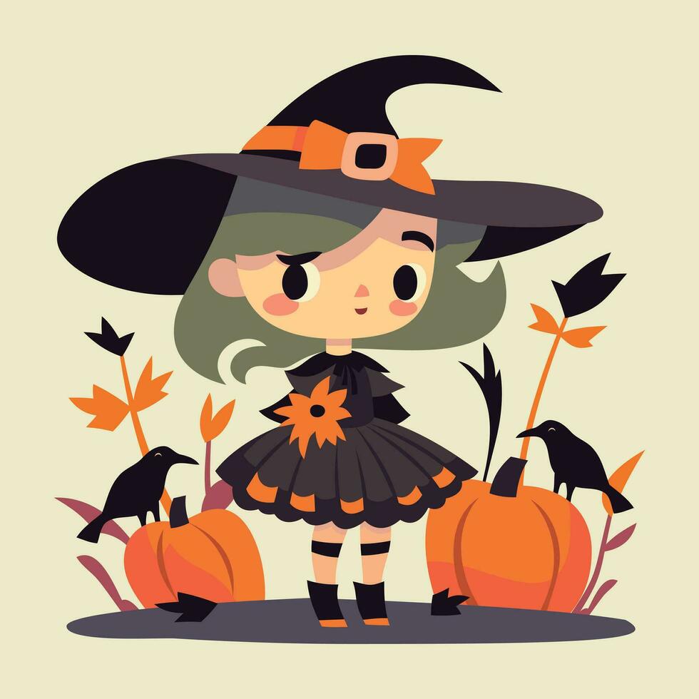 cartone animato strega ragazza e corvi su Halloween zucche vettore
