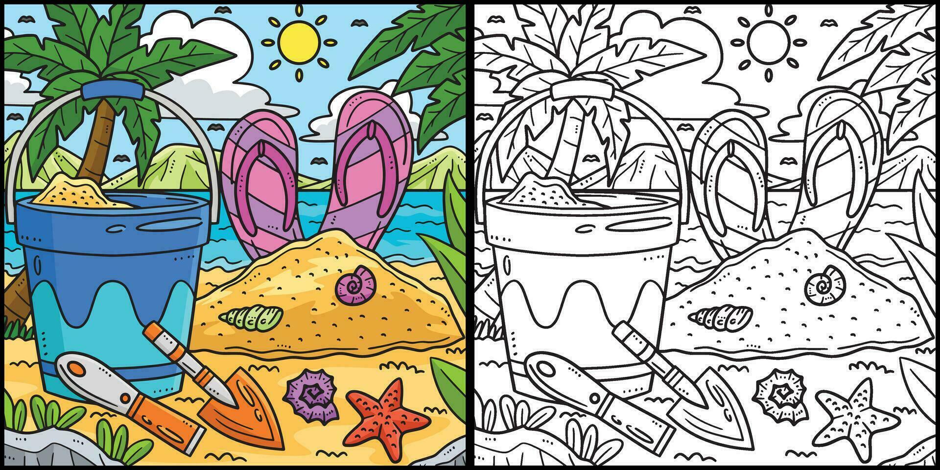 estate sabbia castello attrezzo colorazione pagina illustrazione vettore