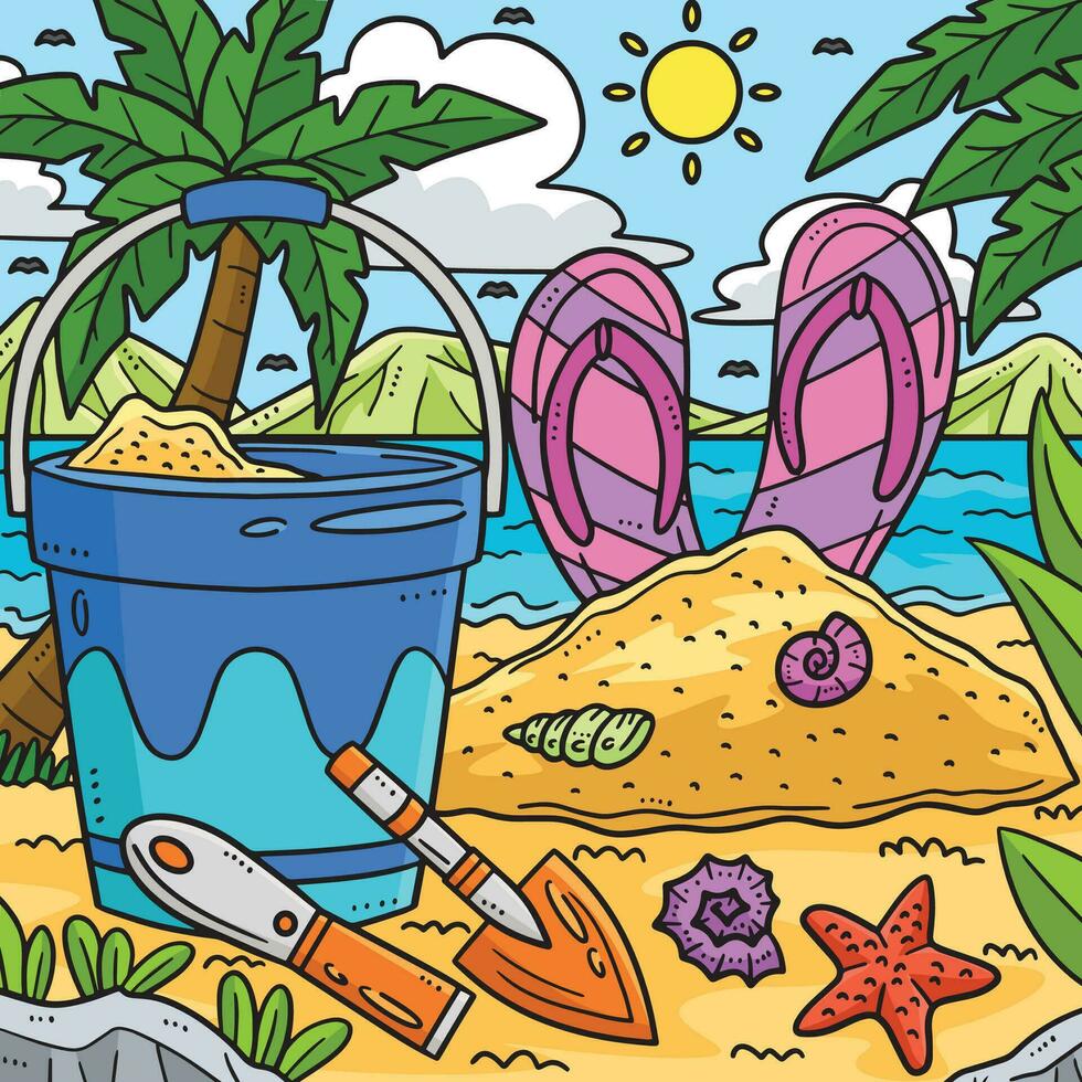 estate sabbia castello attrezzo colorato cartone animato vettore
