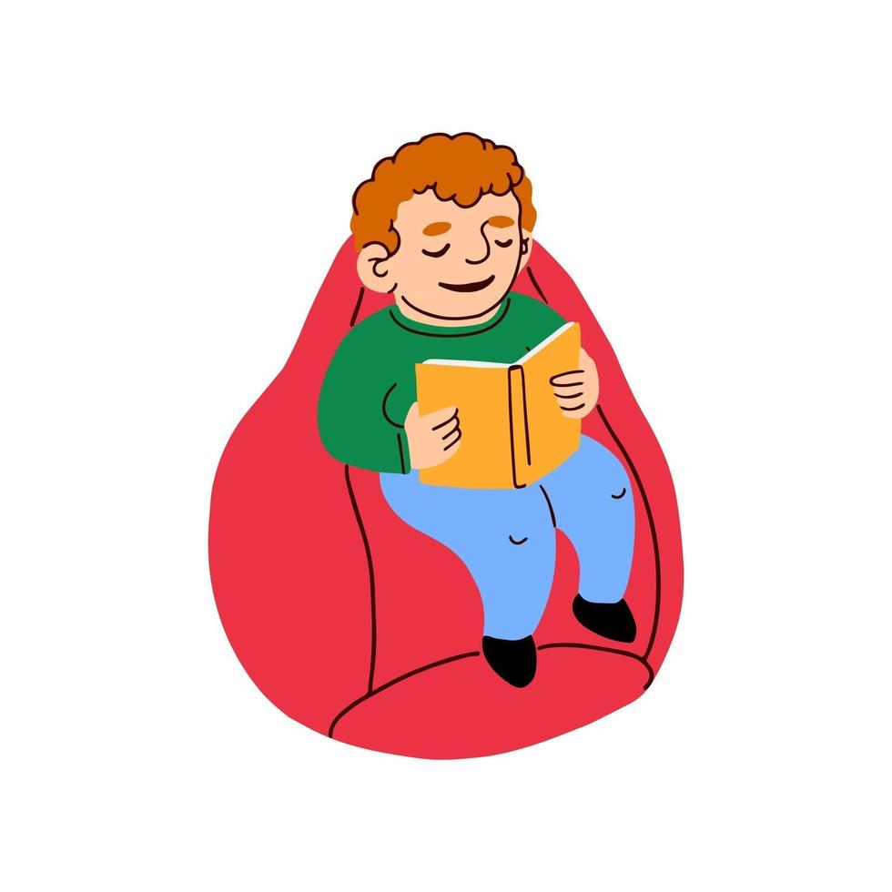 illustrazione vettoriale colorata di un ragazzino seduto su una sedia borsa e legge un libro isolato su sfondo bianco white